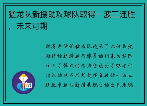 猛龙队新援助攻球队取得一波三连胜，未来可期